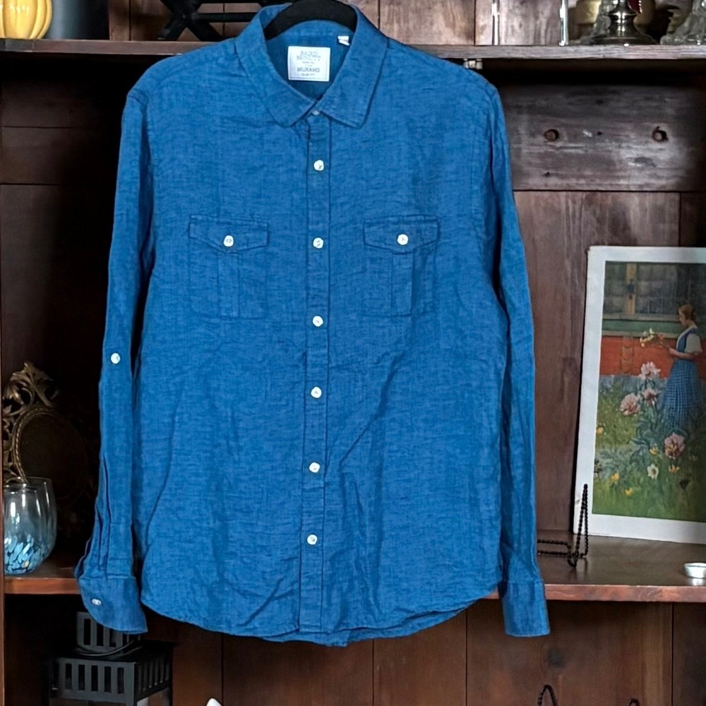 Murano Baird McNutt Linen Shirt Mens Large Blue Excellent Slim Fit Long Sleeve